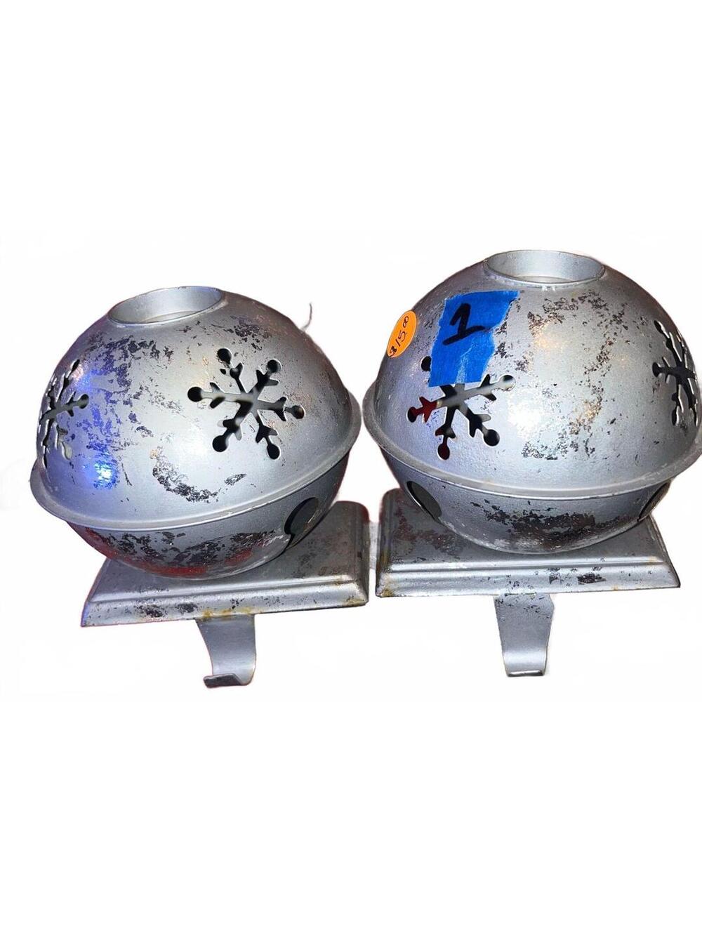 Two Vintage Style Metal Jingle Bell Stocking Holders